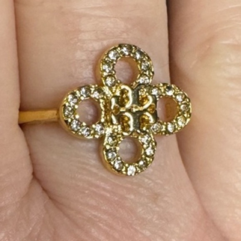 Tory Burch NWT Kira Clover Crystal Pave 18K Gold-Plated Brass Ring NEW $129